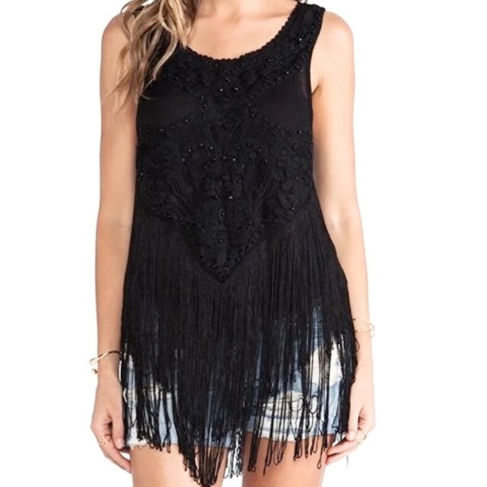 Free People Black Embellished Fringe Top Sz M